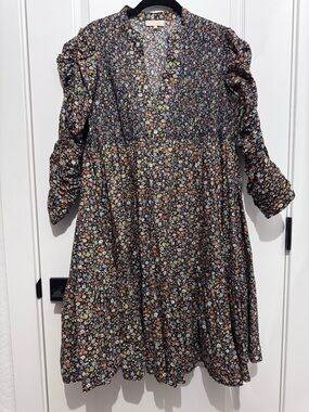 Floral Tiered Long-Sleeve Dress in Black